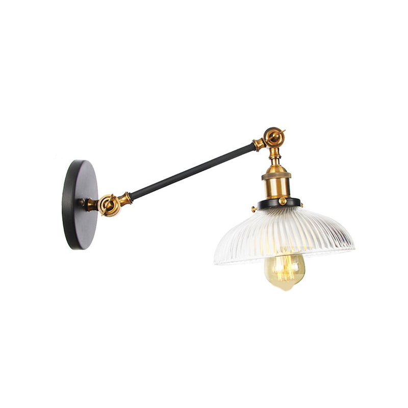 Black/Bronze/Brass 1 Light Wall Mounted Light Vintage Clear Ribbed Glass Domed Sconce, 8"/12" L Arm Clearhalo 'Wall Lamps & Sconces' 'Wall Lights' Lighting' 521133