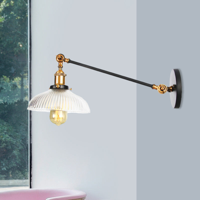 Black/Bronze/Brass 1 Light Wall Mounted Light Vintage Clear Ribbed Glass Domed Sconce, 8"/12" L Arm Clearhalo 'Wall Lamps & Sconces' 'Wall Lights' Lighting' 521135