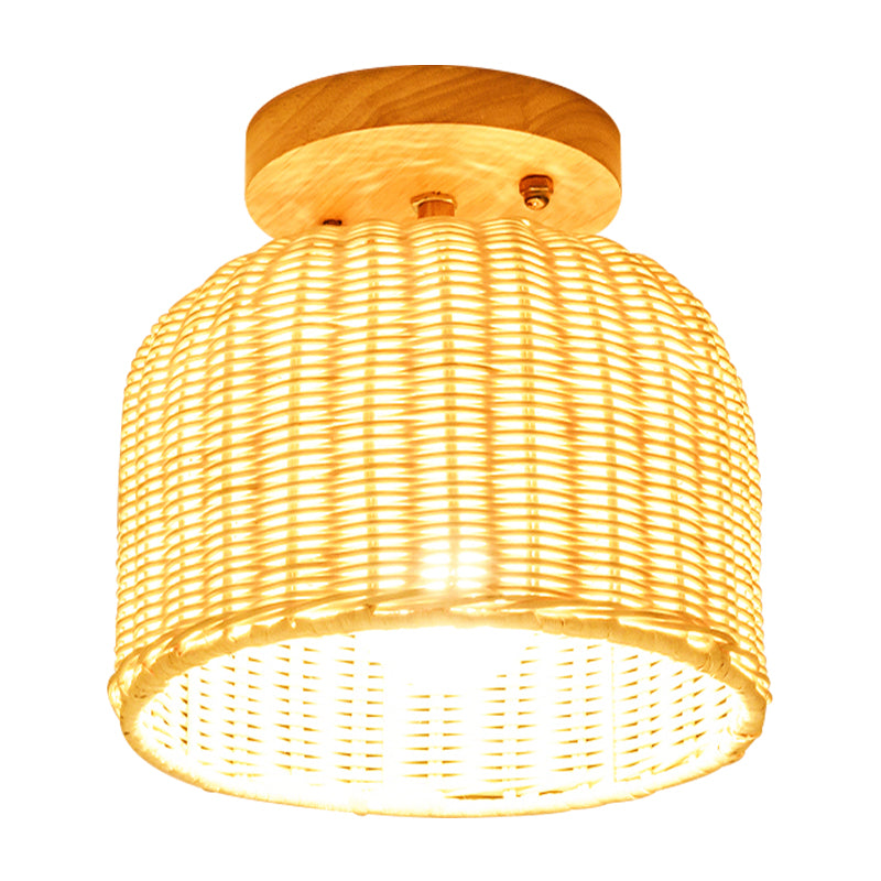 Beige Bowl/Cylindrical Semi Mount Lighting Contemporary 1 Head Bamboo Ceiling Mount Light Fixture Clearhalo 'Ceiling Lights' 'Close To Ceiling Lights' 'Close to ceiling' 'Flush mount' Lighting' 521201