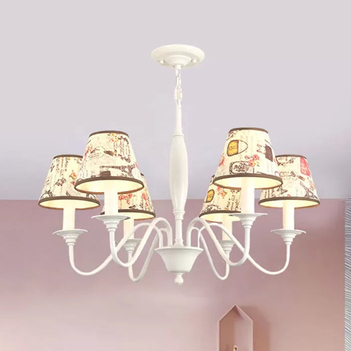 Modern Tower Hanging Light Metal Chandelier with Fabric Shade in White for Study Room 6 White Clearhalo 'Ceiling Lights' 'Chandeliers' Lighting' options 52461_56d32c35-9c72-4360-861c-a75c80a44c97