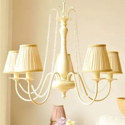 Fold Tapered Shade Chandelier 5 Lights Macaron Style Metal Hanging Pendant for Kindergarten Beige Clearhalo 'Ceiling Lights' 'Chandeliers' Lighting' options 52481_650b7b32-49cd-4426-abb6-85a6a5183864