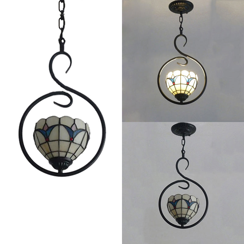 Stainless Glass Bell/Dome Hanging Pendant Light Tiffany Style 1 Light Beige/White Suspension Lamp for Foyer Clearhalo 'Ceiling Lights' 'Pendant Lights' 'Pendants' Lighting' 53028