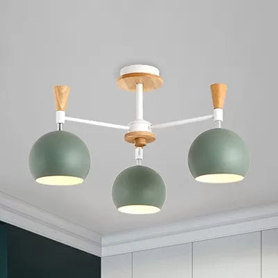 Macaron Colored Orb Chandelier 3 Heads Nordic Metal & Wood Ceiling Pendant for Restaurant Green Clearhalo 'Ceiling Lights' 'Chandeliers' Lighting' options 53334_1aa5dd57-fb01-4c50-8eed-ec1c59548494