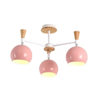 Macaron Colored Orb Chandelier 3 Heads Nordic Metal & Wood Ceiling Pendant for Restaurant Pink Clearhalo 'Ceiling Lights' 'Chandeliers' Lighting' options 53336_77716ee0-94cd-4e76-9d79-5c92a6007549