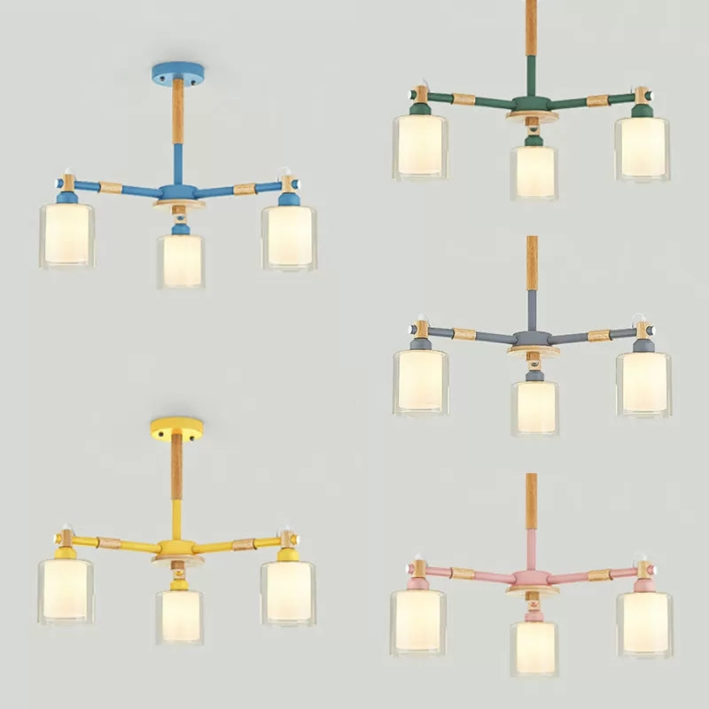 Hallway Kid Bedroom Cylinder Chandelier Wood & Glass 3 Heads Nordic Style Hanging Light Clearhalo 'Ceiling Lights' 'Chandeliers' Lighting' options 53465