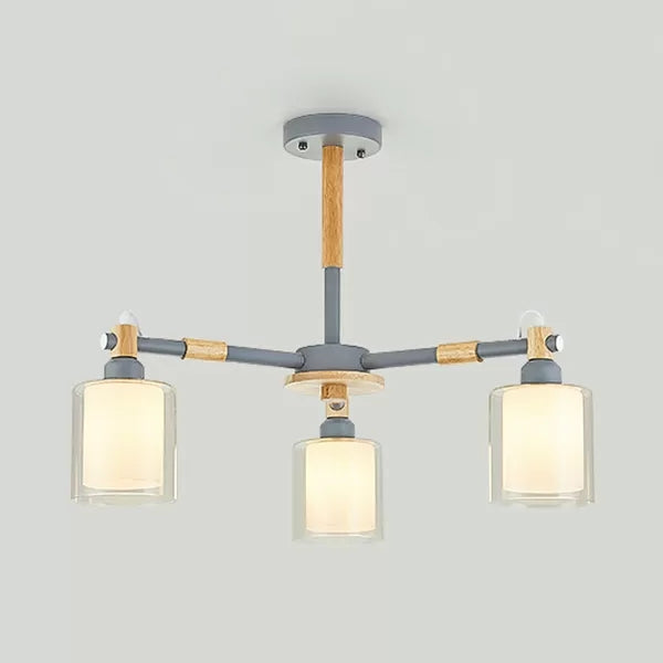 Hallway Kid Bedroom Cylinder Chandelier Wood & Glass 3 Heads Nordic Style Hanging Light Clearhalo 'Ceiling Lights' 'Chandeliers' Lighting' options 53466