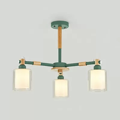 Hallway Kid Bedroom Cylinder Chandelier Wood & Glass 3 Heads Nordic Style Hanging Light Clearhalo 'Ceiling Lights' 'Chandeliers' Lighting' options 53467