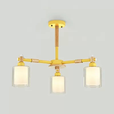 Hallway Kid Bedroom Cylinder Chandelier Wood & Glass 3 Heads Nordic Style Hanging Light Clearhalo 'Ceiling Lights' 'Chandeliers' Lighting' options 53468