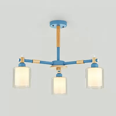 Hallway Kid Bedroom Cylinder Chandelier Wood & Glass 3 Heads Nordic Style Hanging Light Clearhalo 'Ceiling Lights' 'Chandeliers' Lighting' options 53469