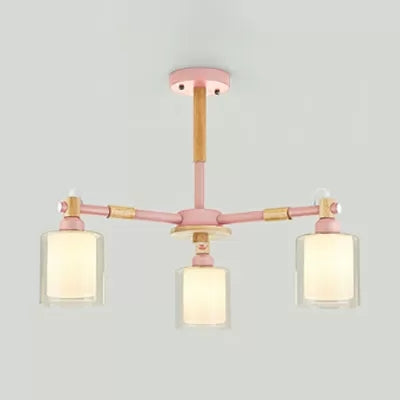 Hallway Kid Bedroom Cylinder Chandelier Wood & Glass 3 Heads Nordic Style Hanging Light Clearhalo 'Ceiling Lights' 'Chandeliers' Lighting' options 53470