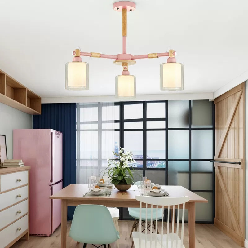 Hallway Kid Bedroom Cylinder Chandelier Wood & Glass 3 Heads Nordic Style Hanging Light Clearhalo 'Ceiling Lights' 'Chandeliers' Lighting' options 53471