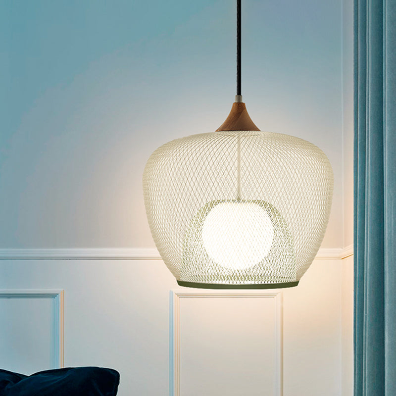 Contemporary 1 Bulb Pendant Lighting with Iron Mesh Shade White/Blue Woven Basket Hanging Ceiling Lamp Clearhalo 'Ceiling Lights' 'Modern Pendants' 'Modern' 'Pendant Lights' 'Pendants' Lighting' 536704