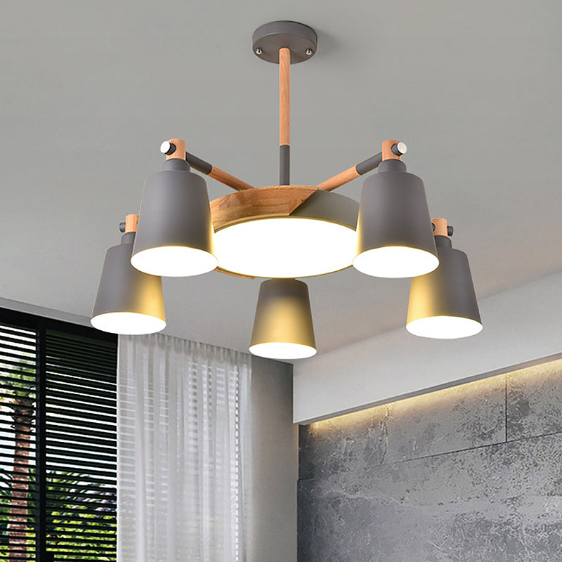 Grey/Green Barrel and Drum Pendant Modern 3/5 Bulbs Metal Hanging Chandelier with Radial Design 5 Grey Clearhalo 'Ceiling Lights' 'Chandeliers' 'Modern Chandeliers' 'Modern' Lighting' 536779