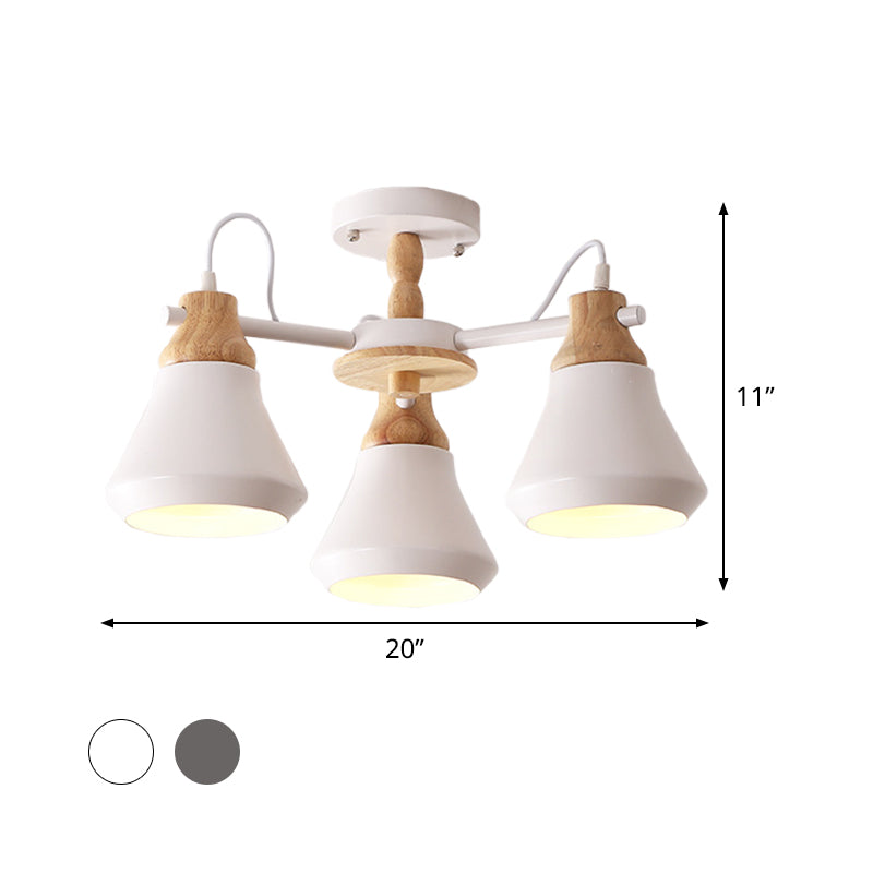 Cone Dining Room Flush Lighting Metal 3 Heads Modernism Radial Semi Flush Mount Lamp in White/Grey Clearhalo 'Ceiling Lights' 'Chandeliers' 'Modern Chandeliers' 'Modern' Lighting' 536798