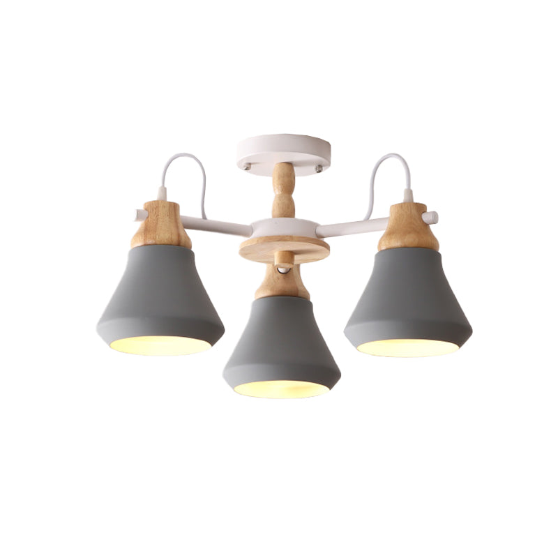 Cone Dining Room Flush Lighting Metal 3 Heads Modernism Radial Semi Flush Mount Lamp in White/Grey Clearhalo 'Ceiling Lights' 'Chandeliers' 'Modern Chandeliers' 'Modern' Lighting' 536801