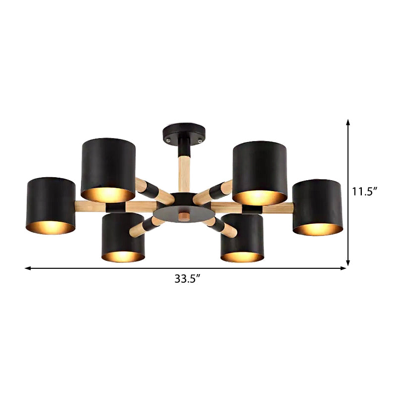 Cylinder Shade Hotel Hanging Light Metal & Wood 6 Heads Nordic Chandelier Clearhalo 'Ceiling Lights' 'Chandeliers' Lighting' options 53683