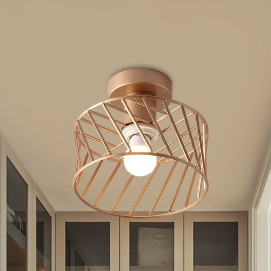 Drum Cage Semi Flush Light Fixture Modernist Iron 1 Light Corridor Flush Mount Lamp in Gold Gold Clearhalo 'Ceiling Lights' 'Close To Ceiling Lights' 'Close to ceiling' 'Semi-flushmount' Lighting' 536865
