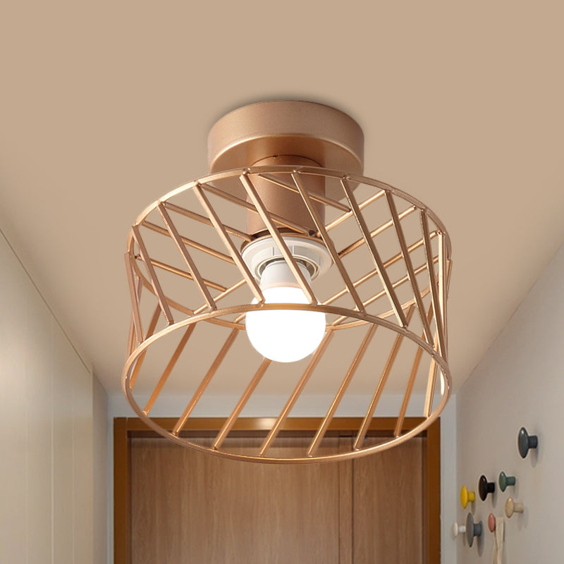 Drum Cage Semi Flush Light Fixture Modernist Iron 1 Light Corridor Flush Mount Lamp in Gold Clearhalo 'Ceiling Lights' 'Close To Ceiling Lights' 'Close to ceiling' 'Semi-flushmount' Lighting' 536866