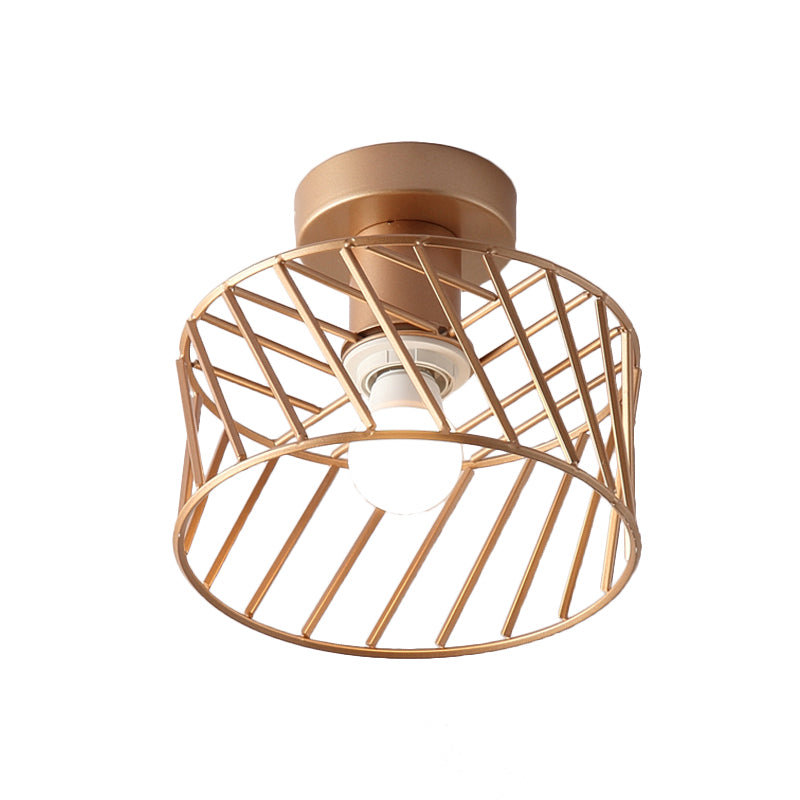 Drum Cage Semi Flush Light Fixture Modernist Iron 1 Light Corridor Flush Mount Lamp in Gold Clearhalo 'Ceiling Lights' 'Close To Ceiling Lights' 'Close to ceiling' 'Semi-flushmount' Lighting' 536867