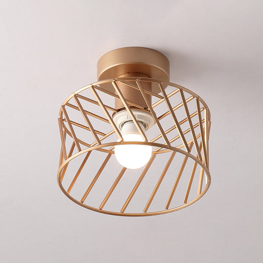 Drum Cage Semi Flush Light Fixture Modernist Iron 1 Light Corridor Flush Mount Lamp in Gold Clearhalo 'Ceiling Lights' 'Close To Ceiling Lights' 'Close to ceiling' 'Semi-flushmount' Lighting' 536868