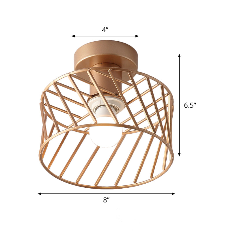 Drum Cage Semi Flush Light Fixture Modernist Iron 1 Light Corridor Flush Mount Lamp in Gold Clearhalo 'Ceiling Lights' 'Close To Ceiling Lights' 'Close to ceiling' 'Semi-flushmount' Lighting' 536869