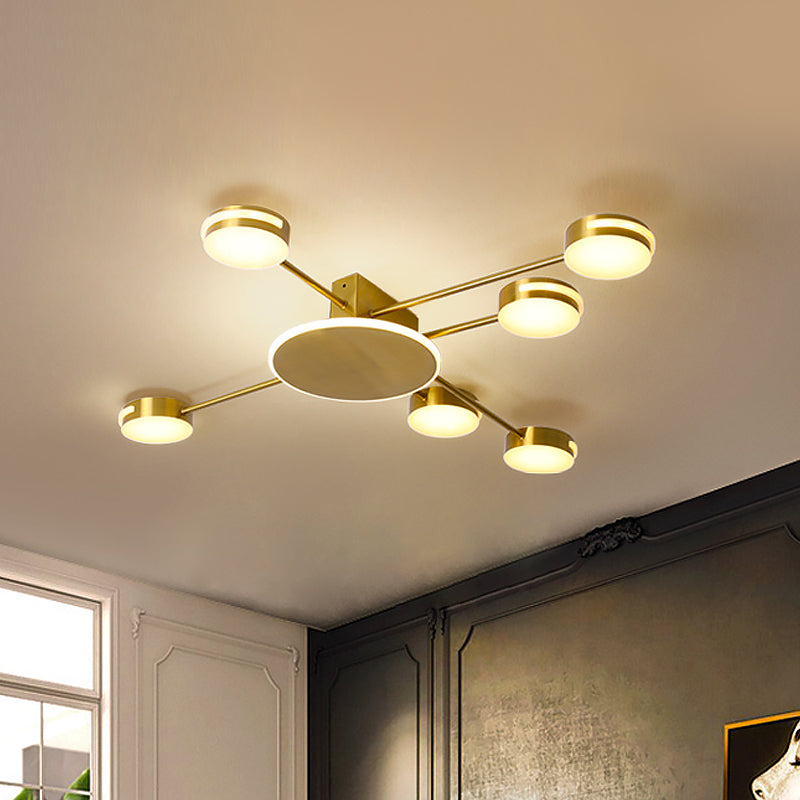 Gold Circular Flush Lighting Modernism 6 Heads Metallic LED Semi Flush Lamp with Acrylic Shade in White/Warm/Natural Light Gold Clearhalo 'Ceiling Lights' 'Close To Ceiling Lights' 'Close to ceiling' 'Semi-flushmount' Lighting' 536959