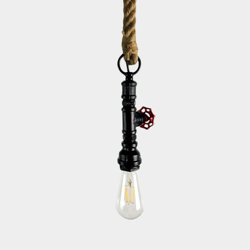 Pipe and Valve Iron Pendant Light Vintage 1 Bulb Bar Hanging Ceiling Lamp in Black/Silver/Copper with Rope Cord Clearhalo 'Art Deco Pendants' 'Black' 'Cast Iron' 'Ceiling Lights' 'Ceramic' 'Crystal' 'Industrial Pendants' 'Industrial' 'Metal' 'Middle Century Pendants' 'Pendant Lights' 'Pendants' 'Rustic Pendants' 'Tiffany' Lighting' 536981