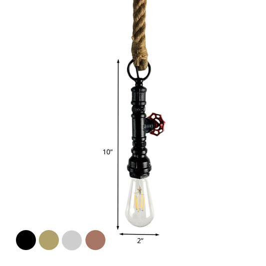Pipe and Valve Iron Pendant Light Vintage 1 Bulb Bar Hanging Ceiling Lamp in Black/Silver/Copper with Rope Cord Clearhalo 'Art Deco Pendants' 'Black' 'Cast Iron' 'Ceiling Lights' 'Ceramic' 'Crystal' 'Industrial Pendants' 'Industrial' 'Metal' 'Middle Century Pendants' 'Pendant Lights' 'Pendants' 'Rustic Pendants' 'Tiffany' Lighting' 536982