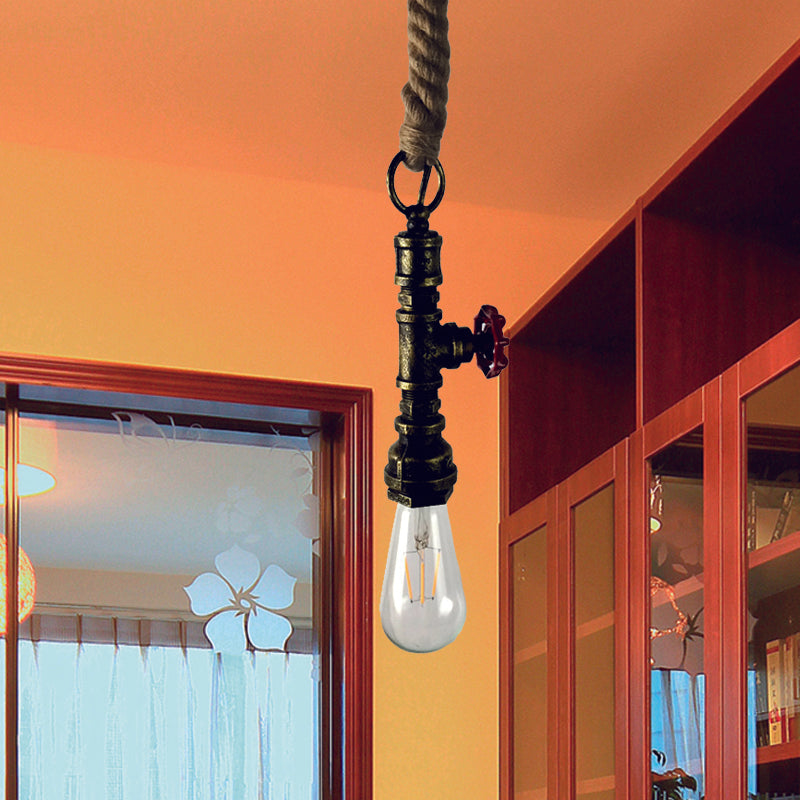 Pipe and Valve Iron Pendant Light Vintage 1 Bulb Bar Hanging Ceiling Lamp in Black/Silver/Copper with Rope Cord Gold Clearhalo 'Art Deco Pendants' 'Black' 'Cast Iron' 'Ceiling Lights' 'Ceramic' 'Crystal' 'Industrial Pendants' 'Industrial' 'Metal' 'Middle Century Pendants' 'Pendant Lights' 'Pendants' 'Rustic Pendants' 'Tiffany' Lighting' 536983