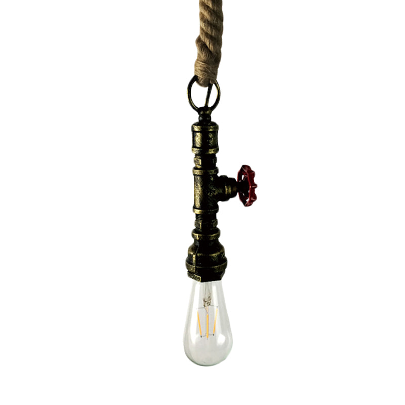 Pipe and Valve Iron Pendant Light Vintage 1 Bulb Bar Hanging Ceiling Lamp in Black/Silver/Copper with Rope Cord Clearhalo 'Art Deco Pendants' 'Black' 'Cast Iron' 'Ceiling Lights' 'Ceramic' 'Crystal' 'Industrial Pendants' 'Industrial' 'Metal' 'Middle Century Pendants' 'Pendant Lights' 'Pendants' 'Rustic Pendants' 'Tiffany' Lighting' 536985