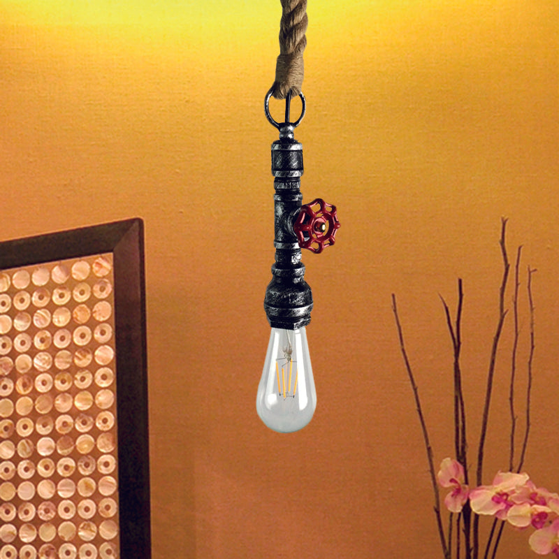 Pipe and Valve Iron Pendant Light Vintage 1 Bulb Bar Hanging Ceiling Lamp in Black/Silver/Copper with Rope Cord Silver Clearhalo 'Art Deco Pendants' 'Black' 'Cast Iron' 'Ceiling Lights' 'Ceramic' 'Crystal' 'Industrial Pendants' 'Industrial' 'Metal' 'Middle Century Pendants' 'Pendant Lights' 'Pendants' 'Rustic Pendants' 'Tiffany' Lighting' 536986