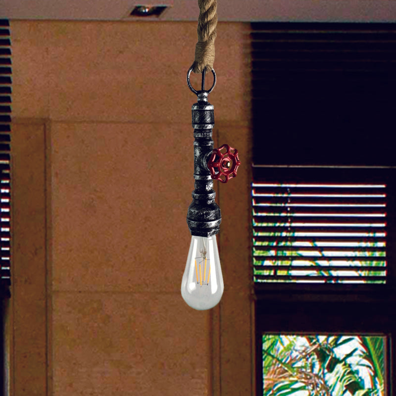 Pipe and Valve Iron Pendant Light Vintage 1 Bulb Bar Hanging Ceiling Lamp in Black/Silver/Copper with Rope Cord Clearhalo 'Art Deco Pendants' 'Black' 'Cast Iron' 'Ceiling Lights' 'Ceramic' 'Crystal' 'Industrial Pendants' 'Industrial' 'Metal' 'Middle Century Pendants' 'Pendant Lights' 'Pendants' 'Rustic Pendants' 'Tiffany' Lighting' 536987