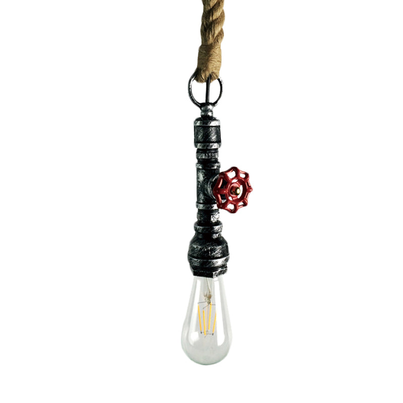 Pipe and Valve Iron Pendant Light Vintage 1 Bulb Bar Hanging Ceiling Lamp in Black/Silver/Copper with Rope Cord Clearhalo 'Art Deco Pendants' 'Black' 'Cast Iron' 'Ceiling Lights' 'Ceramic' 'Crystal' 'Industrial Pendants' 'Industrial' 'Metal' 'Middle Century Pendants' 'Pendant Lights' 'Pendants' 'Rustic Pendants' 'Tiffany' Lighting' 536988