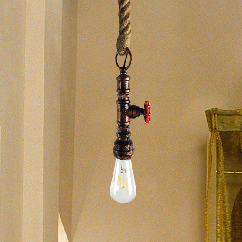 Pipe and Valve Iron Pendant Light Vintage 1 Bulb Bar Hanging Ceiling Lamp in Black/Silver/Copper with Rope Cord Copper Clearhalo 'Art Deco Pendants' 'Black' 'Cast Iron' 'Ceiling Lights' 'Ceramic' 'Crystal' 'Industrial Pendants' 'Industrial' 'Metal' 'Middle Century Pendants' 'Pendant Lights' 'Pendants' 'Rustic Pendants' 'Tiffany' Lighting' 536989