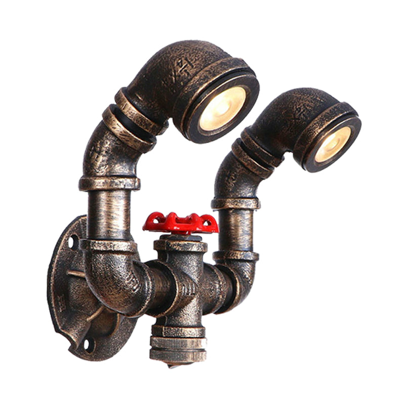 1/2-Bulb Sconce Light Fixture Farmhouse Water Pipe Iron Wall Lamp in Bronze with Red Valve Deco Clearhalo 'Art deco wall lights' 'Cast Iron' 'Glass' 'Industrial wall lights' 'Industrial' 'Middle century wall lights' 'Modern' 'Rustic wall lights' 'Tiffany' 'Traditional wall lights' 'Wall Lamps & Sconces' 'Wall Lights' Lighting' 537148