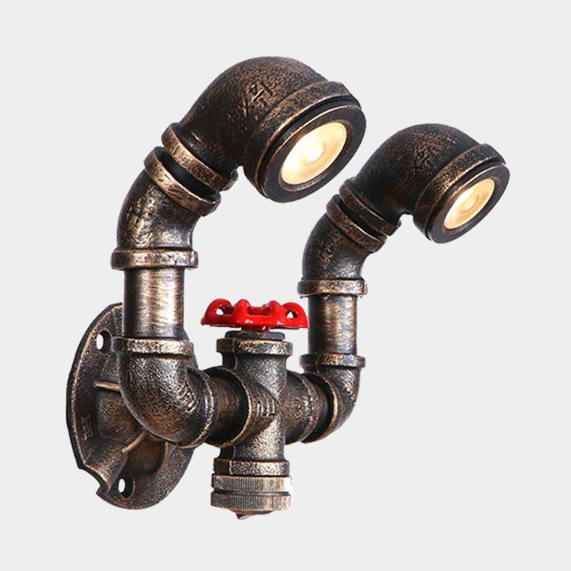 1/2-Bulb Sconce Light Fixture Farmhouse Water Pipe Iron Wall Lamp in Bronze with Red Valve Deco Clearhalo 'Art deco wall lights' 'Cast Iron' 'Glass' 'Industrial wall lights' 'Industrial' 'Middle century wall lights' 'Modern' 'Rustic wall lights' 'Tiffany' 'Traditional wall lights' 'Wall Lamps & Sconces' 'Wall Lights' Lighting' 537149