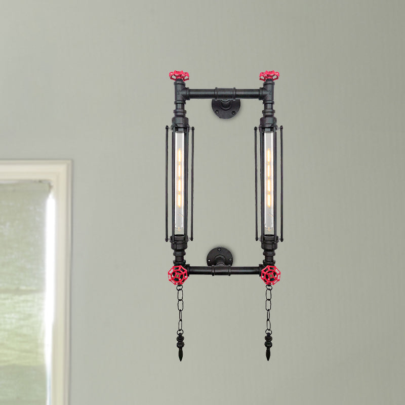 Metal Rectangle Frame Wall Lighting Antiqued 2 Lights Hallway Wall Lamp Sconce in Black/Copper with Chain Black Clearhalo 'Art deco wall lights' 'Cast Iron' 'Glass' 'Industrial wall lights' 'Industrial' 'Middle century wall lights' 'Modern' 'Rustic wall lights' 'Tiffany' 'Traditional wall lights' 'Wall Lamps & Sconces' 'Wall Lights' Lighting' 537173