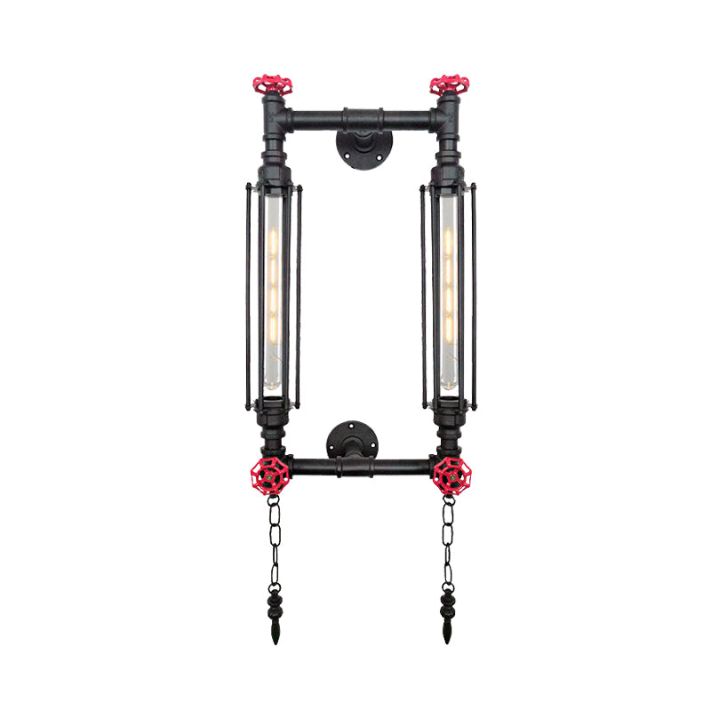Metal Rectangle Frame Wall Lighting Antiqued 2 Lights Hallway Wall Lamp Sconce in Black/Copper with Chain Clearhalo 'Art deco wall lights' 'Cast Iron' 'Glass' 'Industrial wall lights' 'Industrial' 'Middle century wall lights' 'Modern' 'Rustic wall lights' 'Tiffany' 'Traditional wall lights' 'Wall Lamps & Sconces' 'Wall Lights' Lighting' 537175