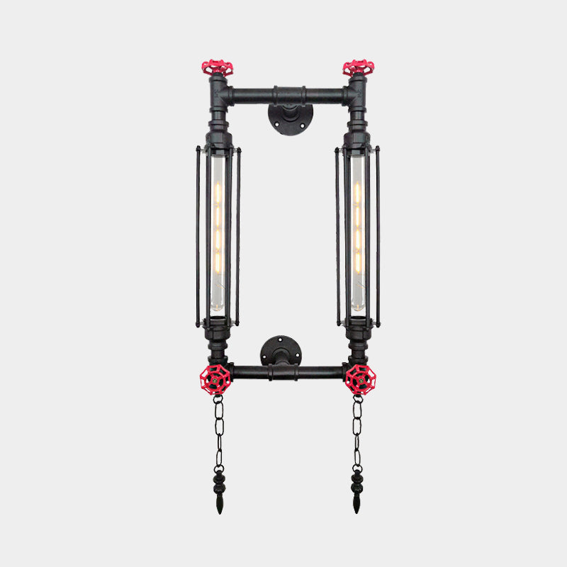 Metal Rectangle Frame Wall Lighting Antiqued 2 Lights Hallway Wall Lamp Sconce in Black/Copper with Chain Clearhalo 'Art deco wall lights' 'Cast Iron' 'Glass' 'Industrial wall lights' 'Industrial' 'Middle century wall lights' 'Modern' 'Rustic wall lights' 'Tiffany' 'Traditional wall lights' 'Wall Lamps & Sconces' 'Wall Lights' Lighting' 537176