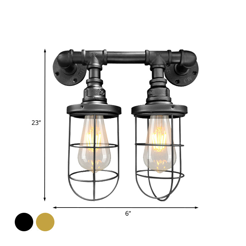 Wire Cage Iron Sconce Light Fixture Farmhouse 2 Bulbs Coffee Shop Wall Mount Pipe Lamp in Black/Brass Clearhalo 'Art deco wall lights' 'Cast Iron' 'Glass' 'Industrial wall lights' 'Industrial' 'Middle century wall lights' 'Modern' 'Rustic wall lights' 'Tiffany' 'Traditional wall lights' 'Wall Lamps & Sconces' 'Wall Lights' Lighting' 537185