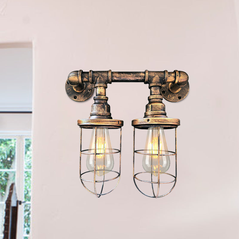 Wire Cage Iron Sconce Light Fixture Farmhouse 2 Bulbs Coffee Shop Wall Mount Pipe Lamp in Black/Brass Clearhalo 'Art deco wall lights' 'Cast Iron' 'Glass' 'Industrial wall lights' 'Industrial' 'Middle century wall lights' 'Modern' 'Rustic wall lights' 'Tiffany' 'Traditional wall lights' 'Wall Lamps & Sconces' 'Wall Lights' Lighting' 537187