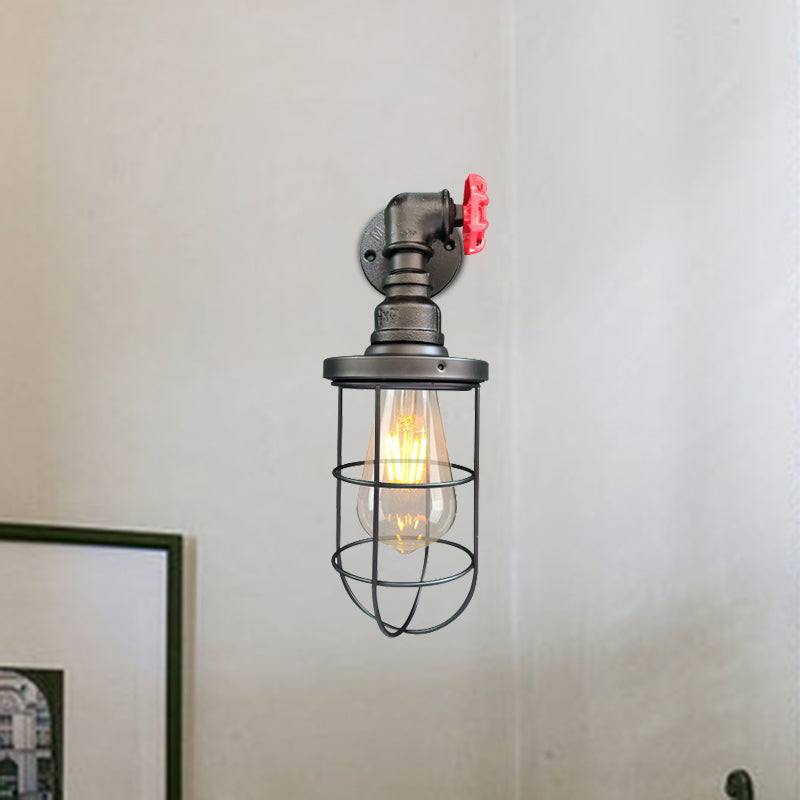 1-Light Wall Sconce Industrial Corridor Wall Lamp Fixture with Cage Metallic Shade in Black/Rust Black Clearhalo 'Art deco wall lights' 'Cast Iron' 'Glass' 'Industrial wall lights' 'Industrial' 'Middle century wall lights' 'Modern' 'Rustic wall lights' 'Tiffany' 'Traditional wall lights' 'Wall Lamps & Sconces' 'Wall Lights' Lighting' 537189
