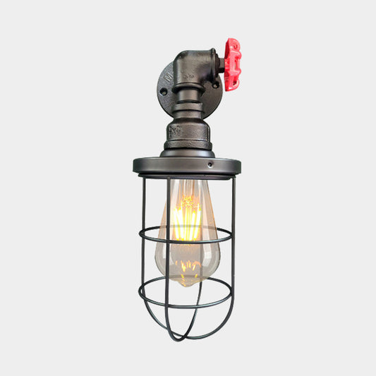 1-Light Wall Sconce Industrial Corridor Wall Lamp Fixture with Cage Metallic Shade in Black/Rust Clearhalo 'Art deco wall lights' 'Cast Iron' 'Glass' 'Industrial wall lights' 'Industrial' 'Middle century wall lights' 'Modern' 'Rustic wall lights' 'Tiffany' 'Traditional wall lights' 'Wall Lamps & Sconces' 'Wall Lights' Lighting' 537192