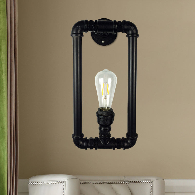Black Rectangle Sconce Lighting Antiqued Iron 1-Bulb Coffee House Wall Mount Pipe Lamp Fixture Black Clearhalo 'Art deco wall lights' 'Cast Iron' 'Glass' 'Industrial wall lights' 'Industrial' 'Middle century wall lights' 'Modern' 'Rustic wall lights' 'Tiffany' 'Traditional wall lights' 'Wall Lamps & Sconces' 'Wall Lights' Lighting' 537216