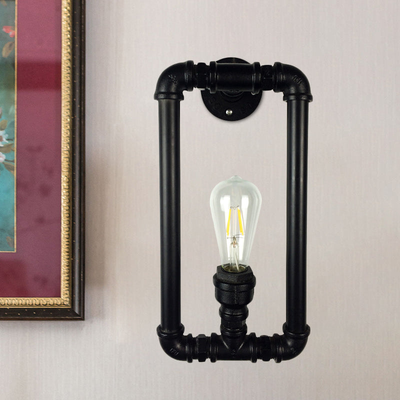 Black Rectangle Sconce Lighting Antiqued Iron 1-Bulb Coffee House Wall Mount Pipe Lamp Fixture Clearhalo 'Art deco wall lights' 'Cast Iron' 'Glass' 'Industrial wall lights' 'Industrial' 'Middle century wall lights' 'Modern' 'Rustic wall lights' 'Tiffany' 'Traditional wall lights' 'Wall Lamps & Sconces' 'Wall Lights' Lighting' 537217