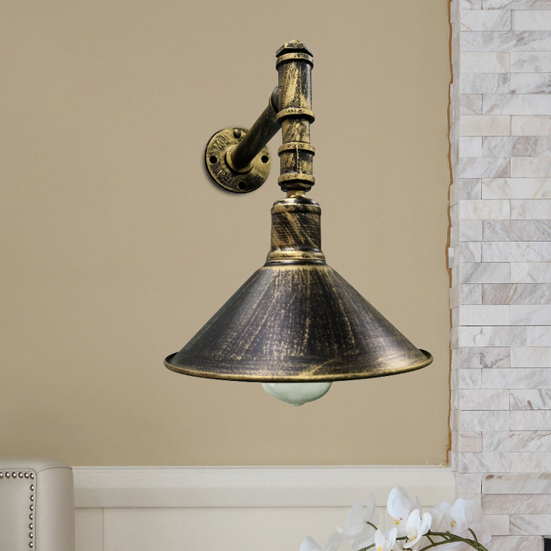 1-Light Sconce Lighting Rustic Conical Metallic Wall Mounted Lamp in Antique Brass with Right Angle Pipe Arm Brass Clearhalo 'Art deco wall lights' 'Cast Iron' 'Glass' 'Industrial wall lights' 'Industrial' 'Middle century wall lights' 'Modern' 'Rustic wall lights' 'Tiffany' 'Traditional wall lights' 'Wall Lamps & Sconces' 'Wall Lights' Lighting' 537226