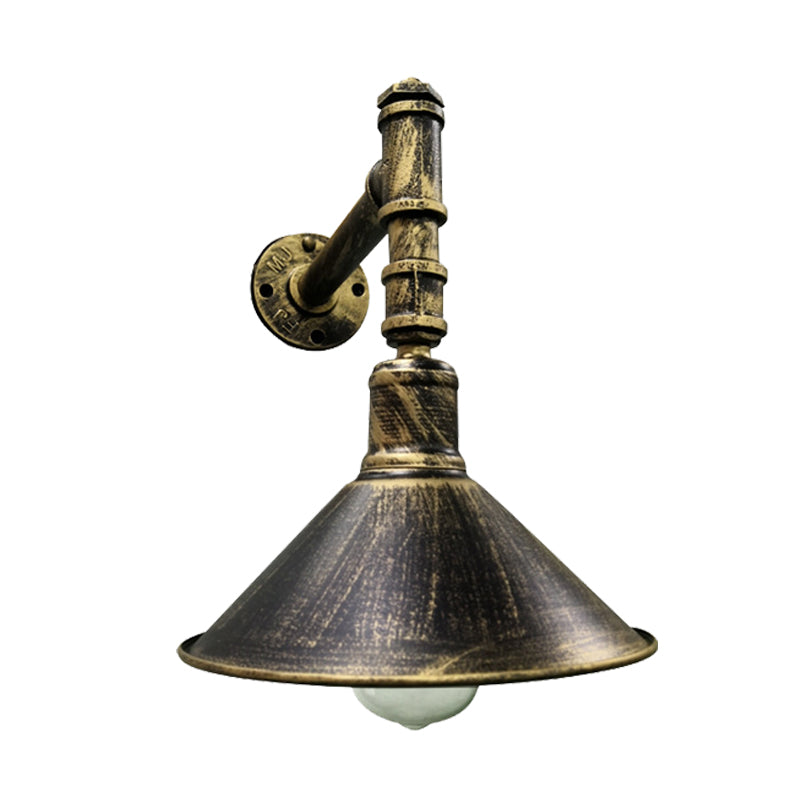 1-Light Sconce Lighting Rustic Conical Metallic Wall Mounted Lamp in Antique Brass with Right Angle Pipe Arm Clearhalo 'Art deco wall lights' 'Cast Iron' 'Glass' 'Industrial wall lights' 'Industrial' 'Middle century wall lights' 'Modern' 'Rustic wall lights' 'Tiffany' 'Traditional wall lights' 'Wall Lamps & Sconces' 'Wall Lights' Lighting' 537228