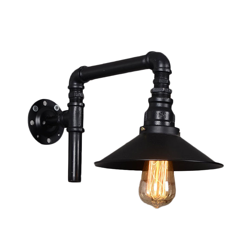 1 Bulb Iron Sconce Light Fixture Vintage Black Flared Restaurant Wall Mount Pipe Lamp with Right Angle Arm Clearhalo 'Art deco wall lights' 'Cast Iron' 'Glass' 'Industrial wall lights' 'Industrial' 'Middle century wall lights' 'Modern' 'Rustic wall lights' 'Tiffany' 'Traditional wall lights' 'Wall Lamps & Sconces' 'Wall Lights' Lighting' 537233
