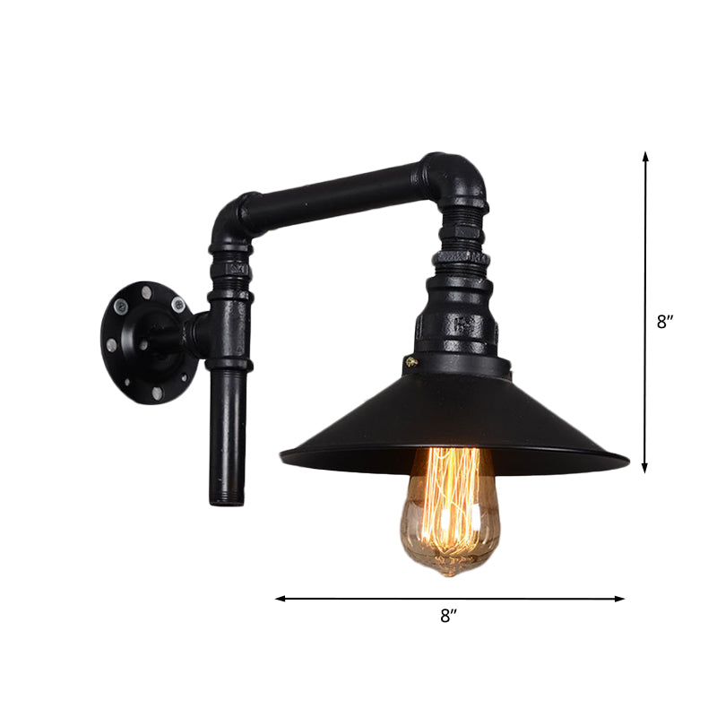 1 Bulb Iron Sconce Light Fixture Vintage Black Flared Restaurant Wall Mount Pipe Lamp with Right Angle Arm Clearhalo 'Art deco wall lights' 'Cast Iron' 'Glass' 'Industrial wall lights' 'Industrial' 'Middle century wall lights' 'Modern' 'Rustic wall lights' 'Tiffany' 'Traditional wall lights' 'Wall Lamps & Sconces' 'Wall Lights' Lighting' 537235