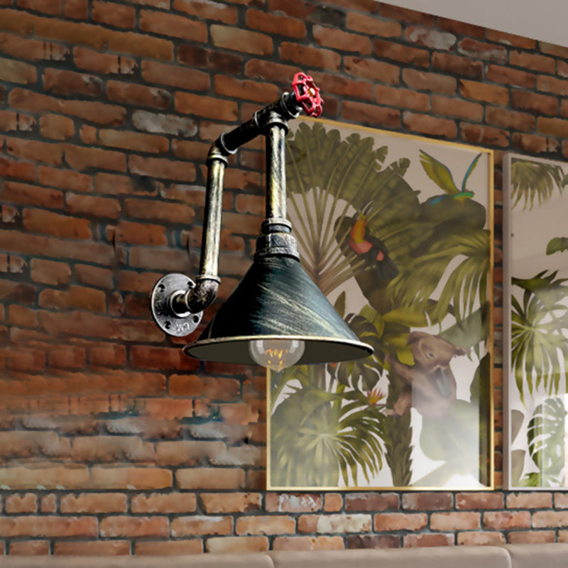 1 Light Pipe and Valve Sconce Rustic Black/Bronze Metal Wall Mount Sconce with Cone Shade for Restaurant Clearhalo 'Art deco wall lights' 'Cast Iron' 'Glass' 'Industrial wall lights' 'Industrial' 'Middle century wall lights' 'Modern' 'Rustic wall lights' 'Tiffany' 'Traditional wall lights' 'Wall Lamps & Sconces' 'Wall Lights' Lighting' 537260